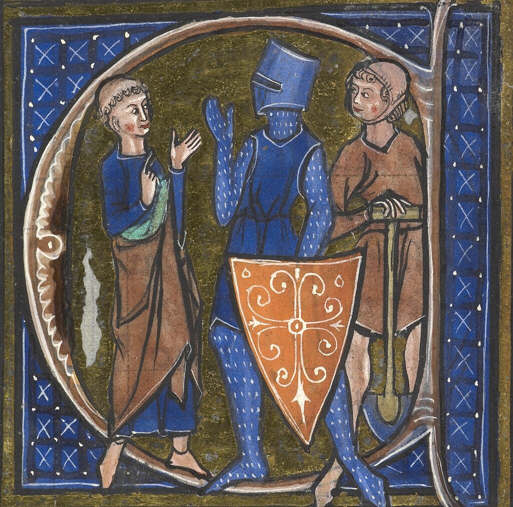 La cortesía y el amor en la Edad Media. Letra capitular de un manuscrito en la que se representan los tres estamentos sociales medievales: clérigo, guerrero y labrador. 