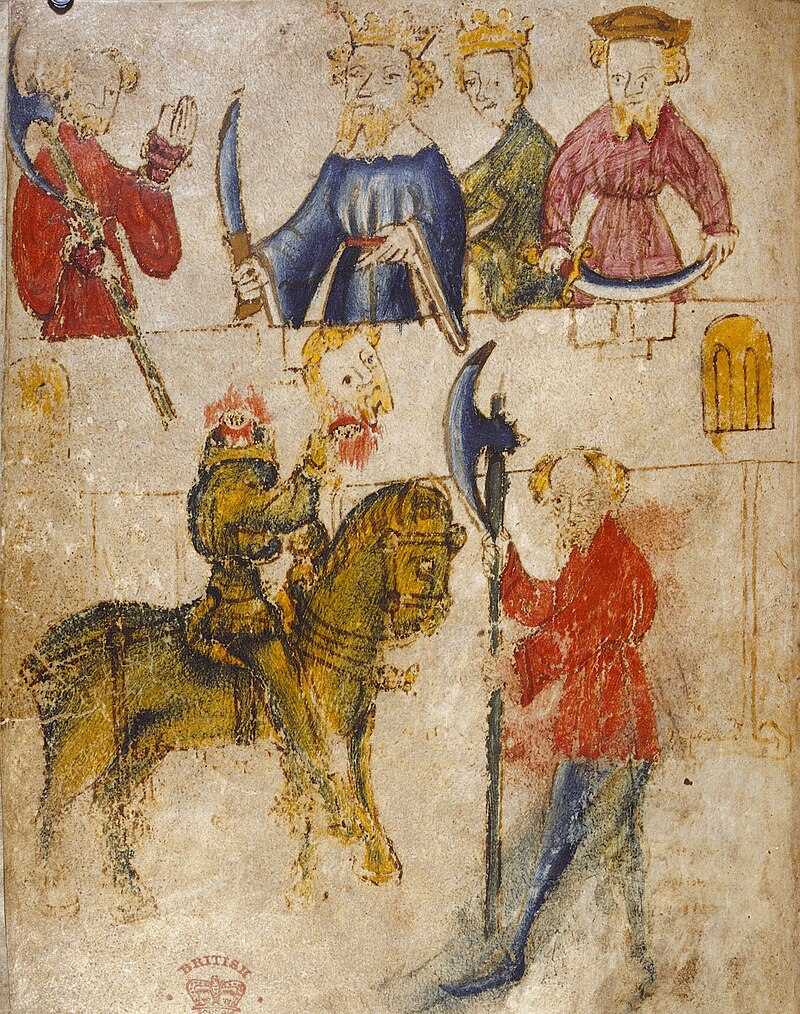 Imagen de un antiguo manuscrito que representa a Sir Gawain frente al decapitado Caballero Verde.