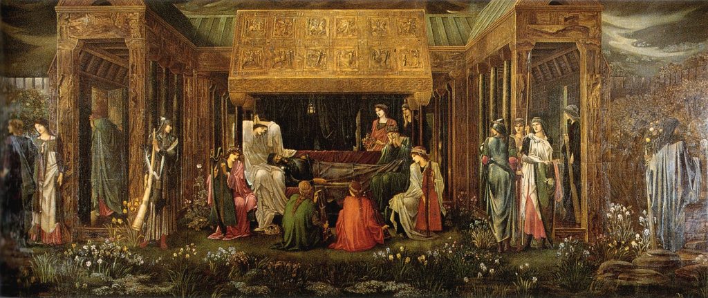 El último sueño de Arturo en Avalón. Pintura de Edward Burne-Jones