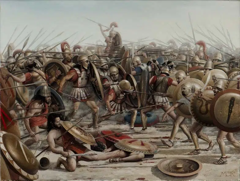 Ilustración de la revista "Despierta Ferro" de una batalla espartana